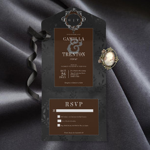 Dark Gothic Black & Brown Floral Satin No Dinner All In One Invitation