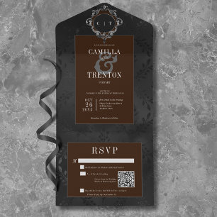 Dark Gothic Black & Brown Floral Satin QR Code All In One Invitation