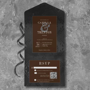 Dark Gothic Black & Brown Floral Satin QR Code All In One Invitation