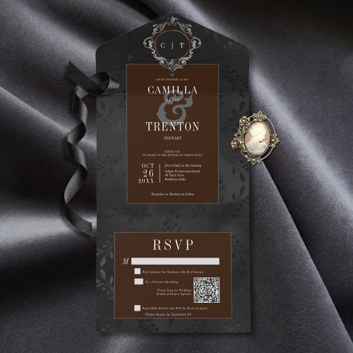 Dark Gothic Black  Brown Floral Satin QR Code All In One Invitation