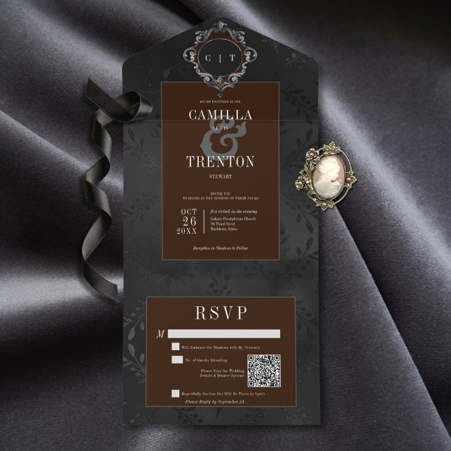 Dark Gothic Black & Brown Floral Satin QR Code All In One Invitation (Also available without a QR code; with or without dinner selection options.)