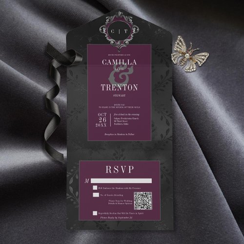 Dark Gothic Black  Burgundy Floral Satin QR Code All In One Invitation