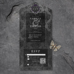 Dark Gothic Black Damask QR Code All In One Invitation