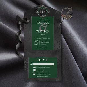 Dark Gothic Black & Emerald Floral Satin Dinner All In One Invitation