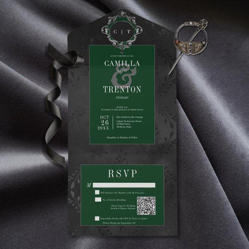 Dark Gothic Black  Emerald Floral Satin QR Code All In One Invitation