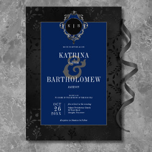 Dark Gothic Black Floral Satin Damask Blue Wedding Invitation