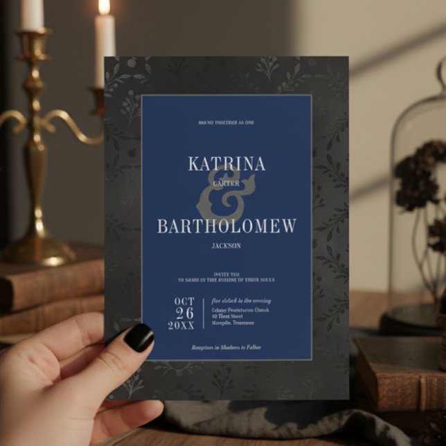 Dark Gothic Black Floral Satin Damask Blue Wedding Invitation (Creator Uploaded)