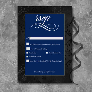 Dark Gothic Black Floral Satin Damask Blue Wedding RSVP Card