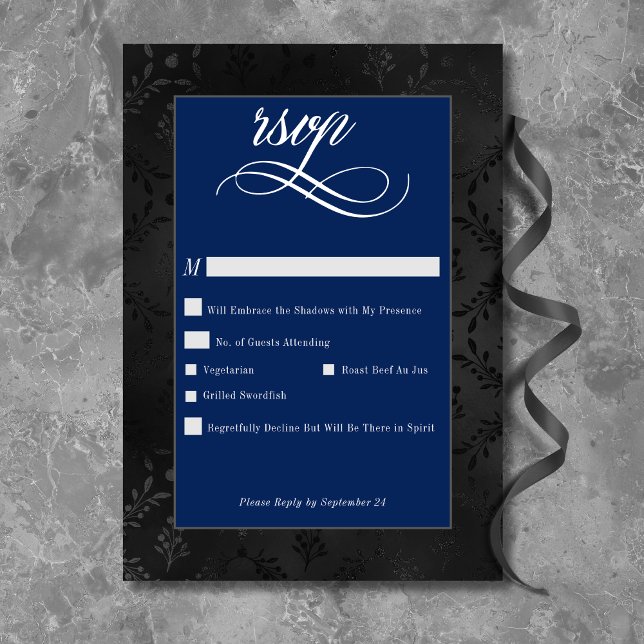 Dark Gothic Black Floral Satin Damask Blue Wedding RSVP Card (Dark Gothic Black Floral Satin Damask Blue Wedding RSVP Card)
