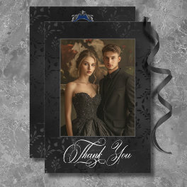 Dark Gothic Black Floral Satin Damask Blue Wedding Thank You Card