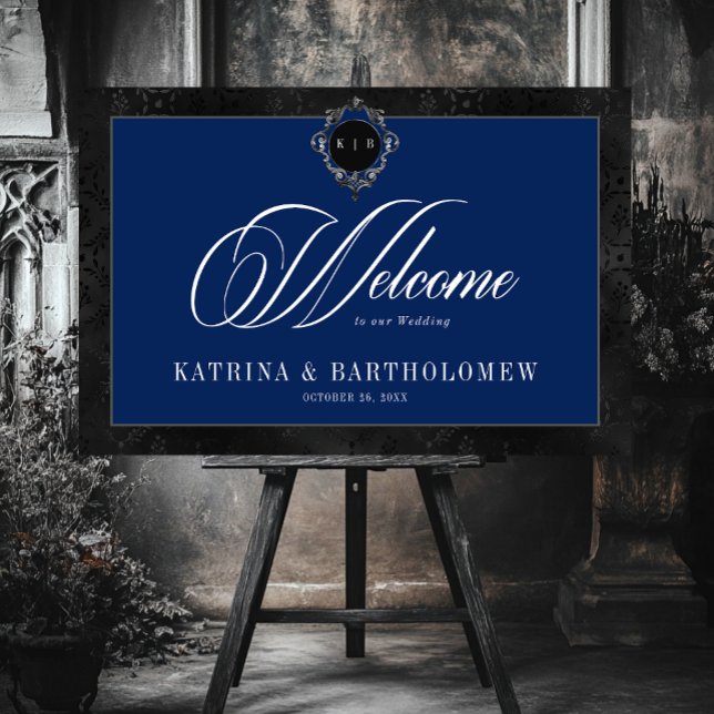 Dark Gothic Black Floral Satin Damask Blue Welcome Foam Board (Dark Gothic Black Floral Satin Damask Blue Welcome Foam Board)