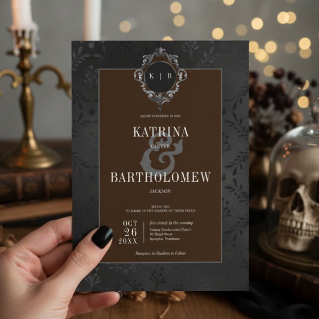 Dark Gothic Black Floral Satin Damask Brown Invitation (Creator Uploaded)