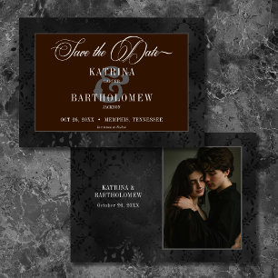 Dark Gothic Black Floral Satin Damask Brown Photo Save The Date