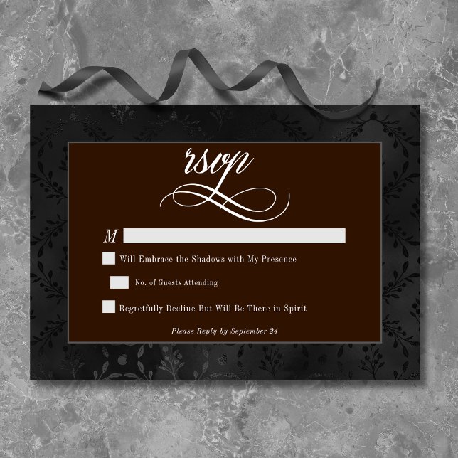 Dark Gothic Black Floral Satin Damask Brown RSVP Card (Creator Uploaded)