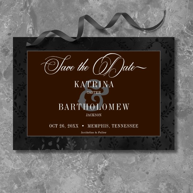 Dark Gothic Black Floral Satin Damask Brown Save The Date (Creator Uploaded)