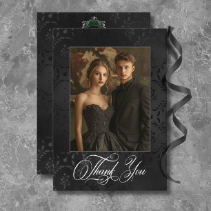 Dark Gothic Black Floral Satin Damask Green Thank You Card