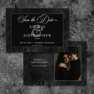 Dark Gothic Black Floral Satin Damask Photo Save The Date
