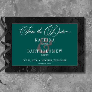 Dark Gothic Black Floral Satin Damask Teal Wedding Save The Date