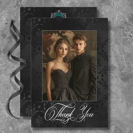 Dark Gothic Black Floral Satin Damask Teal Wedding Thank You Card