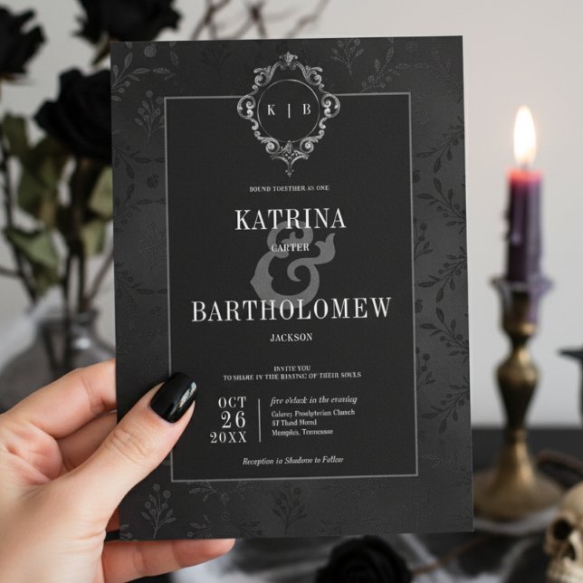 Dark Gothic Black Floral Satin Damask Wedding Invitation (Creator Uploaded)
