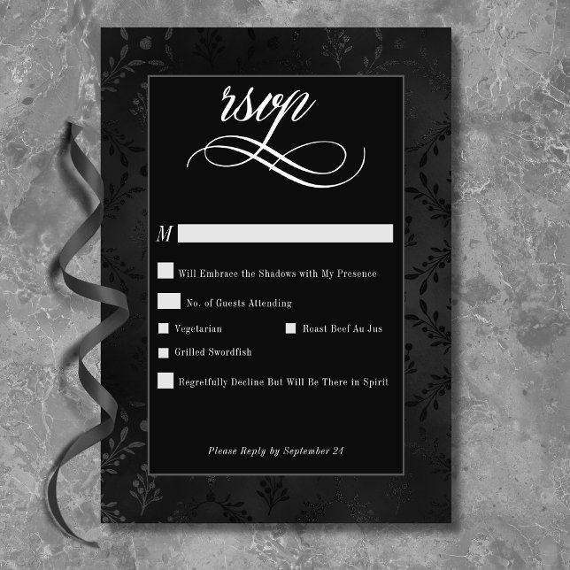 Dark Gothic Black Floral Satin Damask Wedding RSVP Card (Dark Gothic Black Floral Satin Damask Wedding RSVP Card)