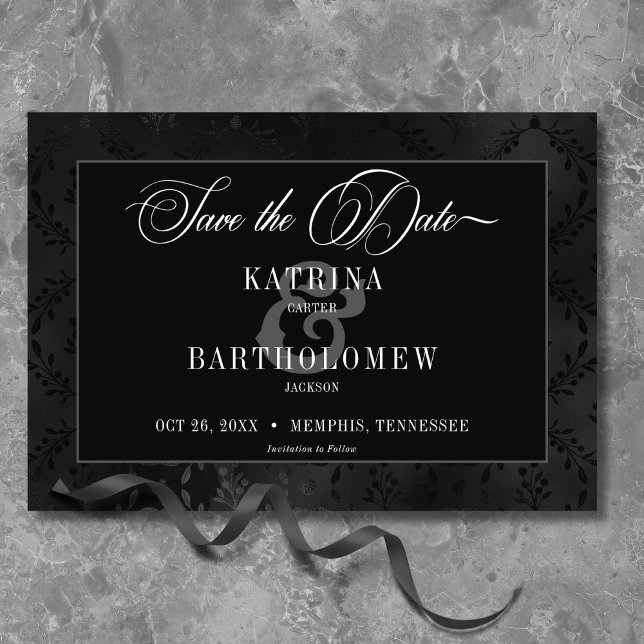 Dark Gothic Black Floral Satin Damask Wedding Save The Date (Creator Uploaded)