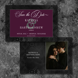Dark Gothic Black Floral Satin Damask Wine Photo Save The Date