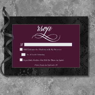 Dark Gothic Black Floral Satin Damask Wine Wedding RSVP Card