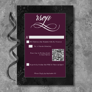 Dark Gothic Black Floral Satin Damask Wine Wedding RSVP Card