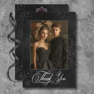 Dark Gothic Black Floral Satin Damask Wine Wedding Thank You Card