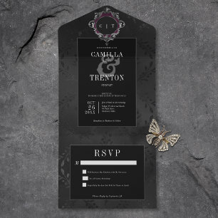 Dark Gothic Black Floral Satin No Dinner All In One Invitation