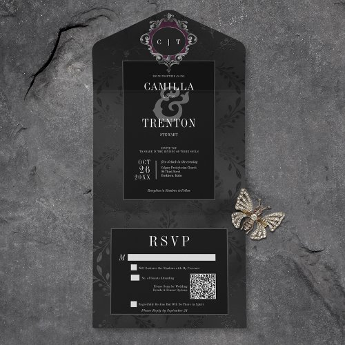 Dark Gothic Black Floral Satin QR Code All In One Invitation