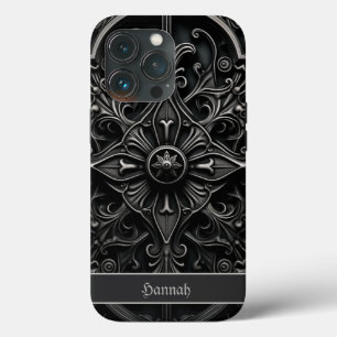 Dark Gothic Black & Gray Filigree Medallion iPhone 13 Pro Case
