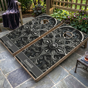 Dark Gothic Black & Gray Filigree Medallion Cornhole Set
