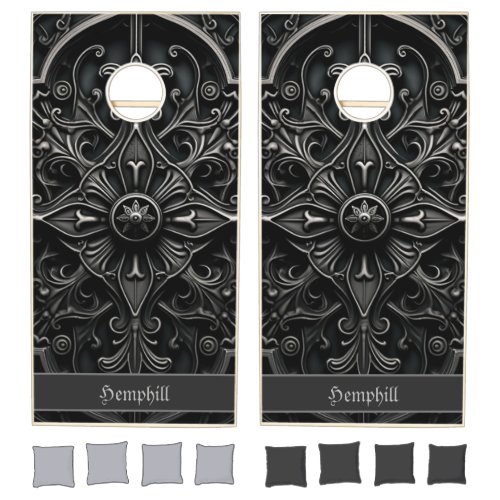 Dark Gothic Black  Gray Filigree Medallion Cornhole Set