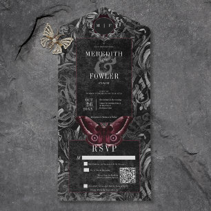 Dark Gothic Black & Gray Filigree Moth QR Code All In One Invitation
