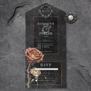 Dark Gothic Black & Gray Rust Rose Dinner All In One Invitation