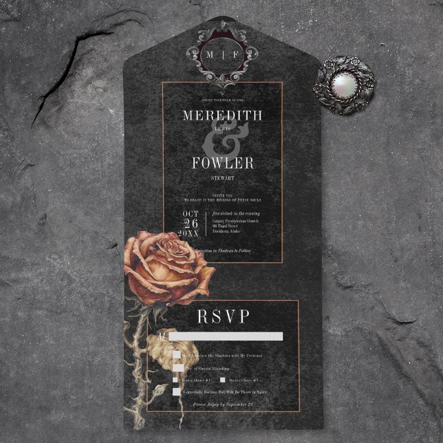 Dark Gothic Black & Gray Rust Rose Dinner All In One Invitation (Also available with a QR code or without dinner selection options.)