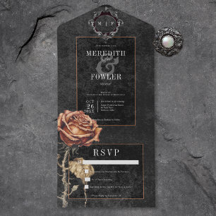 Dark Gothic Black & Gray Rust Rose No Dinner All In One Invitation