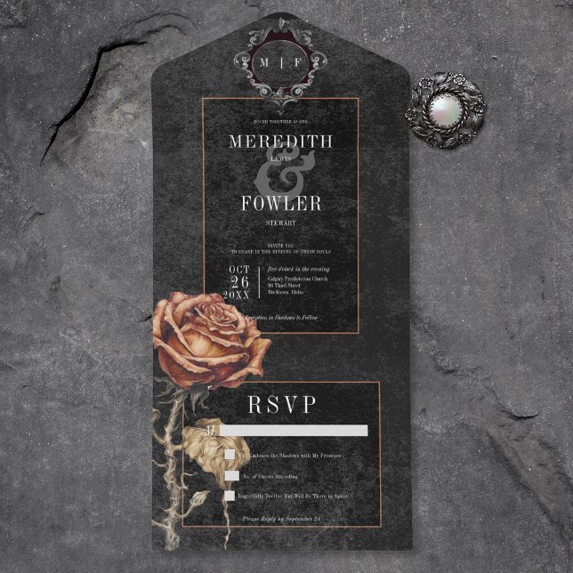 Dark Gothic Black & Gray Rust Rose No Dinner All In One Invitation (Also available with a QR code or with dinner selection options.)