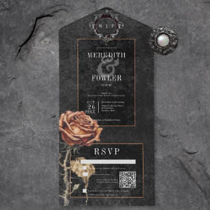 Dark Gothic Black & Gray Rust Rose QR Code All In One Invitation
