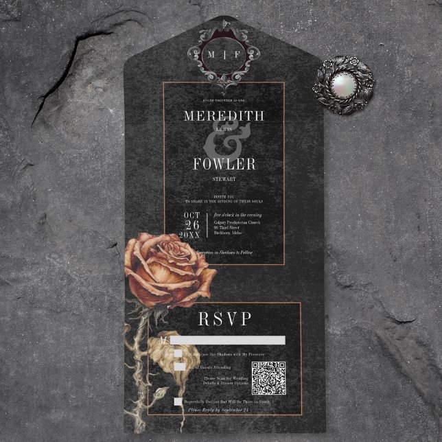 Dark Gothic Black & Gray Rust Rose QR Code All In One Invitation (Also available without a QR code; with or without dinner selection options.)