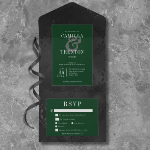 Dark Gothic Black & Green Floral Satin Dinner All In One Invitation