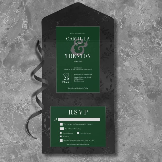 Dark Gothic Black & Green Floral Satin Dinner All In One Invitation (Creator Uploaded)