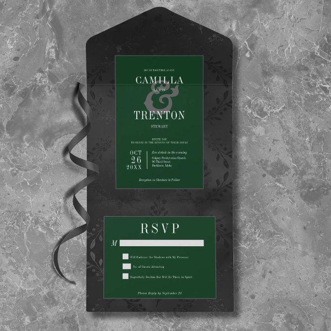 Dark Gothic Black & Green Floral Satin No Dinner All In One Invitation (Creator Uploaded)
