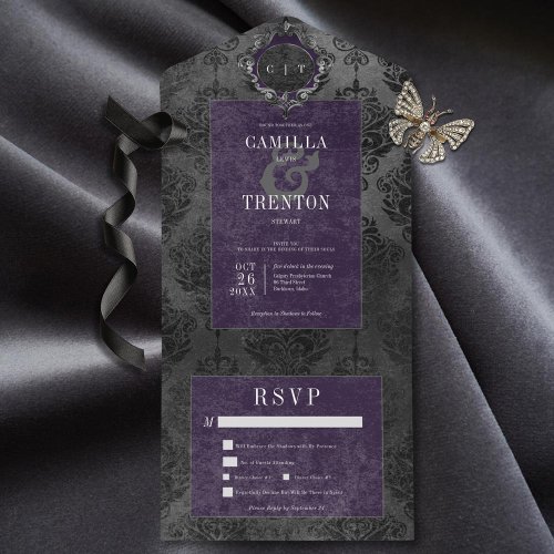 Dark Gothic Black  Purple Damask Dinner All In One Invitation