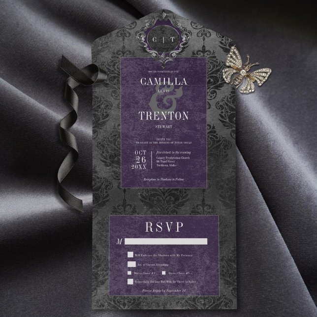 Dark Gothic Black & Purple Damask Dinner All In One Invitation (Also available with a QR code or without dinner selection options.)