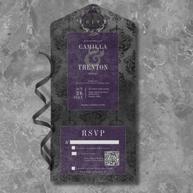 Dark Gothic Black & Purple Damask QR Code All In One Invitation (Dark Gothic Black & Purple Damask QR Code All In One Invitation)