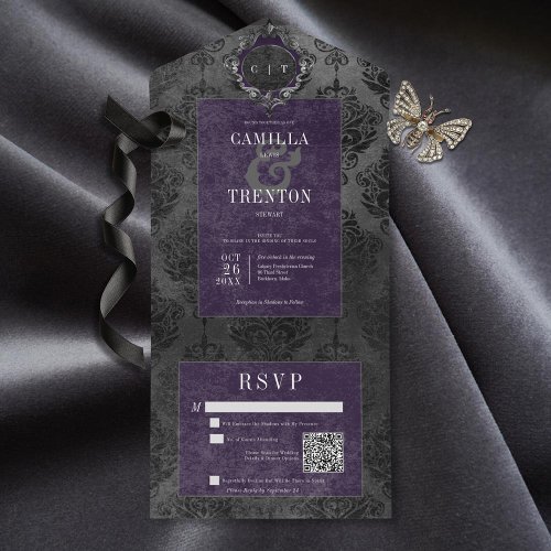 Dark Gothic Black  Purple Damask QR Code All In One Invitation