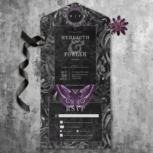 Dark Gothic Black  Purple Filigree Moth Dinner All In One Invitation